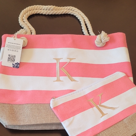 Handbags - Stylish Pink and White Striped Tote with Rope Handles